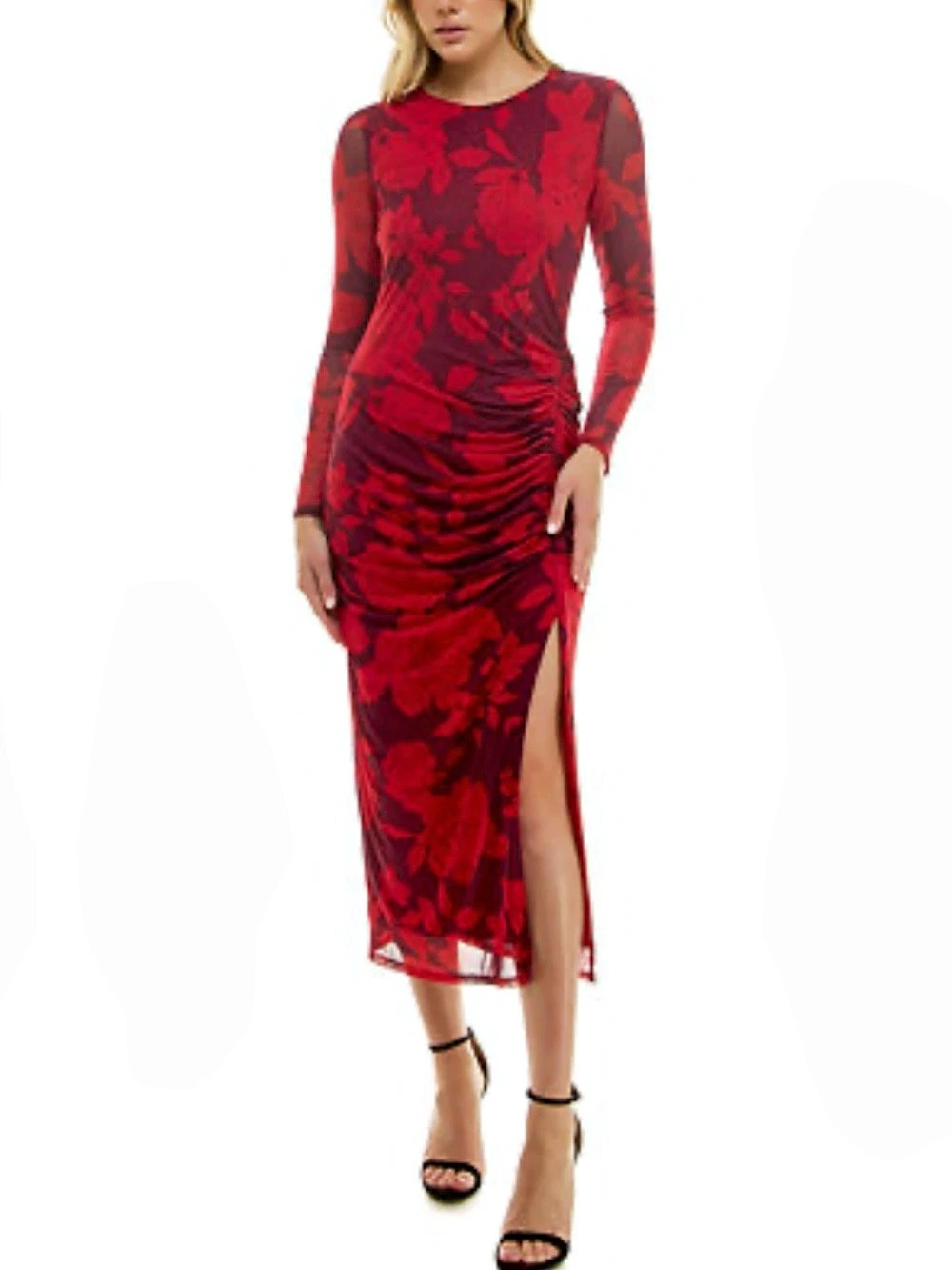Taylor Side Ruched Mesh Bodycon Midi Dress Women’s Size 14 Red Floral